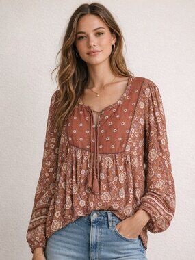 Lucky Brand Boho Floral Peasant Blouse Top Large Orange Western Cottagecore